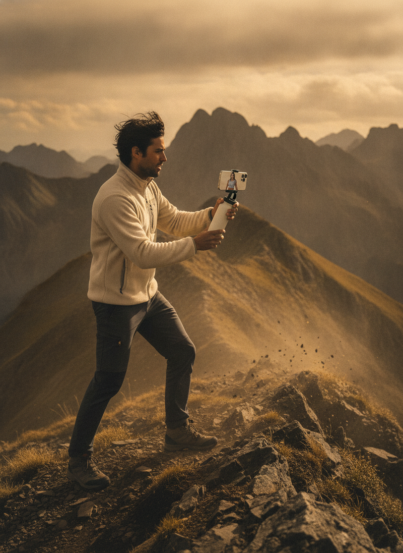 A solo hiker on a windy mountain ridge filming a transition with an insulated water bottle phone tripod. The sky is deep ochr