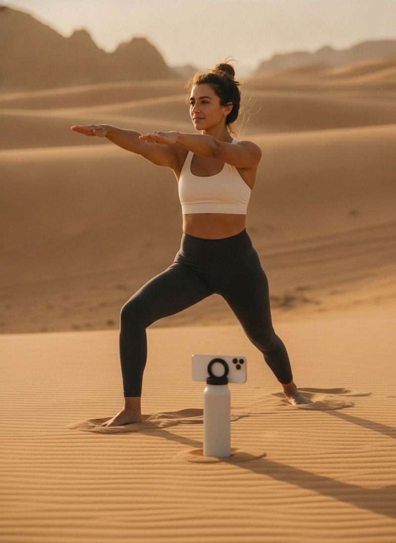 A female yoga instructor records her flow in a sandy desert with an Insulated Water Bottle Phone Tripod.