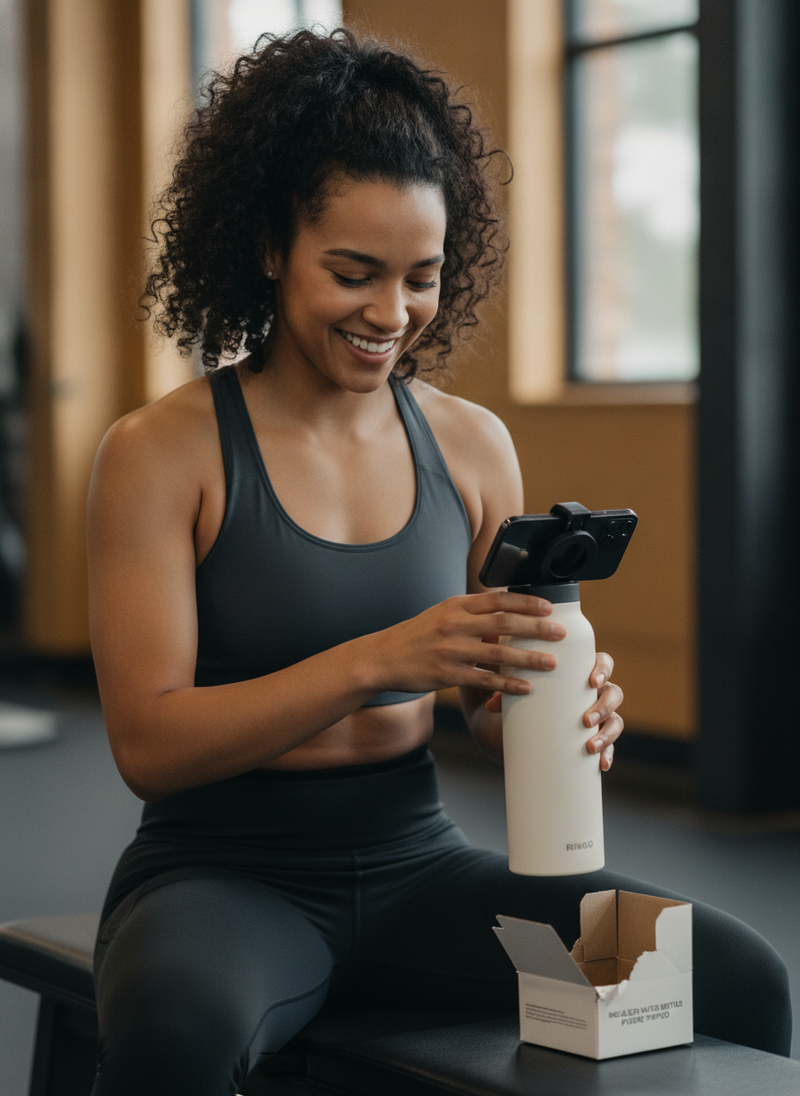 A fitness creator unboxes the Insulated Water Bottle Phone Tripod on a gym bench, smiling candidly in natural daylight.