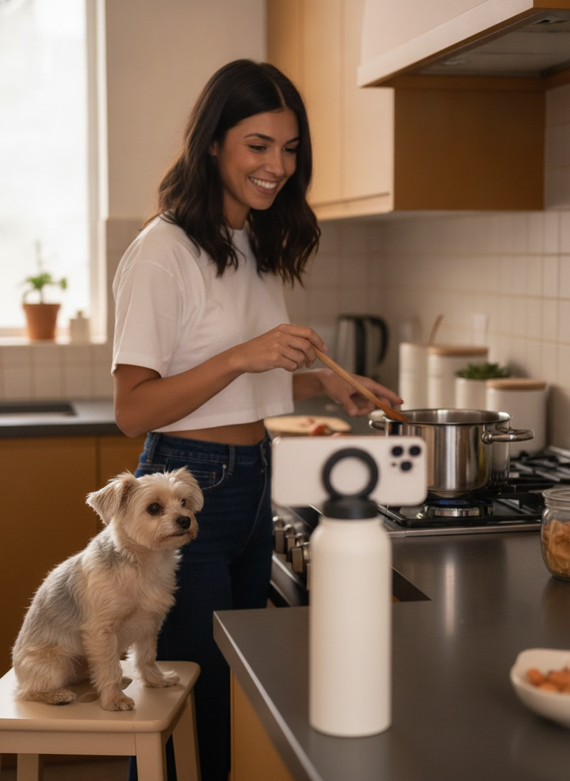 A vlogger uses the Insulated Water Bottle Phone Tripod for a low-angle cooking shot in a bright kitchen.