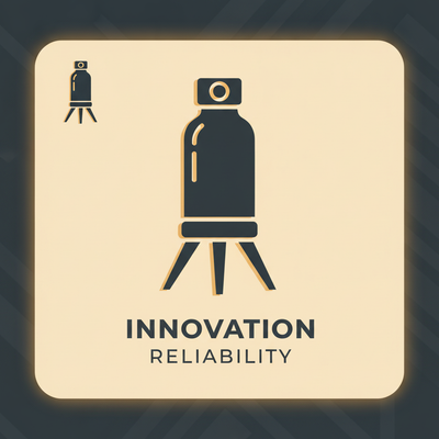 A sleek, modern badge icon showing a stylized water bottle integrated with a tripod, in deep charcoal on a warm cream backgro